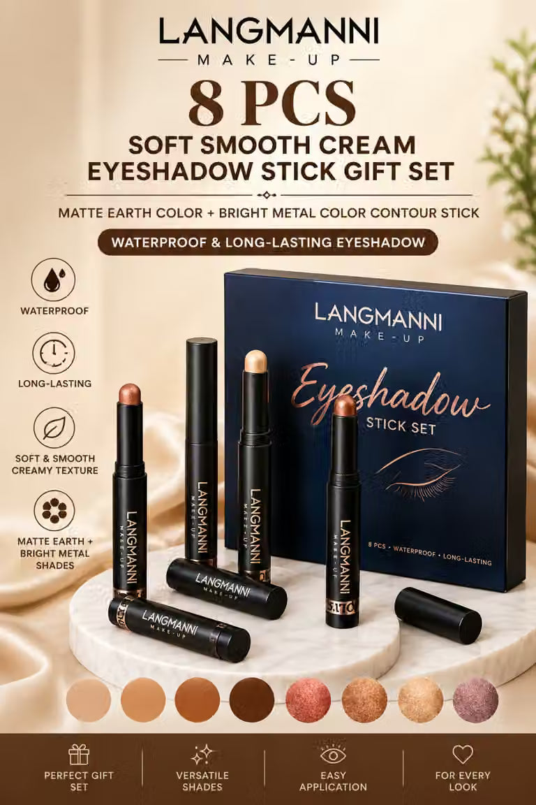 LANGMANNI 8-Piece Cream Eyeshadow Stick Set – Waterproof Matte & Metal ...