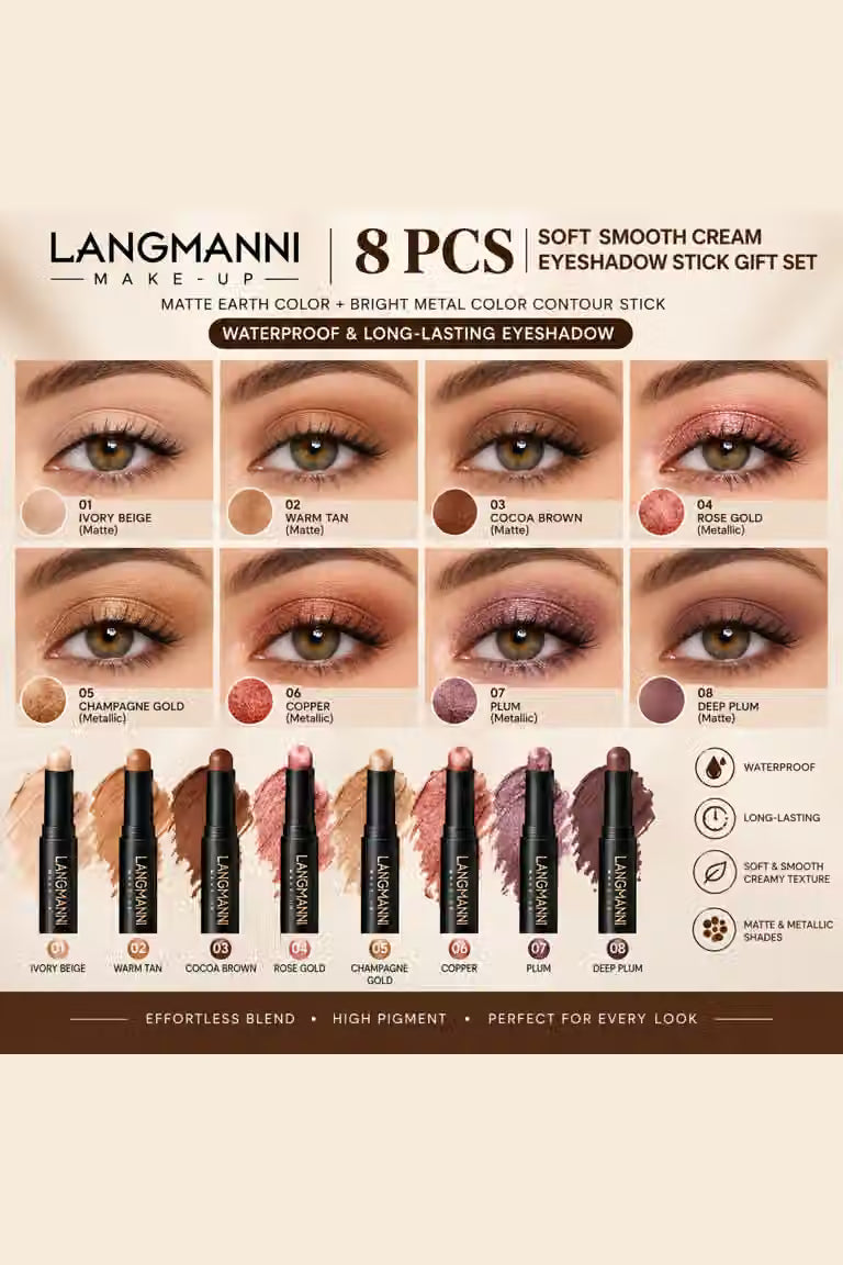 LANGMANNI 8-Piece Cream Eyeshadow Stick Set – Waterproof Matte & Metal ...